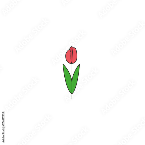 Red stylized tulip flat colorful line icon in simple minimal design. Spring flower linear sign, symbol, ui element, pictogram, template, concept on isolated white background.