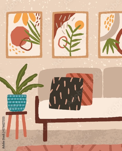 Cozy living room interior design with comfortable couch with pillows, cute posters on the wall and houseplant. Colorful modern hygge style lounge. Flat vector cartoon illustration