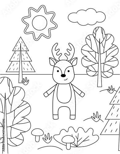 Cute kids coloring book with a deer in the forest. Simple black outline of a wild animal, vector illustration.