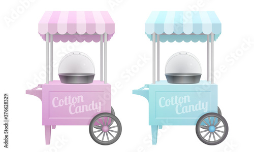 blue and pink vintage electric commercial cotton candy machine carts with tents. floss makers isolated on white background. 3d realistic vector illustration
