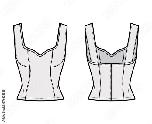 Paneled corset-style top technical fashion illustration with Jewel neckline, close fit, back concealed zip fastening. Flat apparel template front, back grey color. Women men unisex shirt CAD mockup