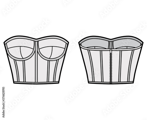 Corset-style bustier top technical fashion illustration with molded cups, close fit, back zip fastening, cropped length. Flat apparel template front, back grey color. Women men unisex shirt CAD mockup