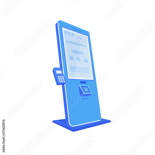 Blue self service kiosk flat color vector object. Digital device with touch screen. Interactive station for customer. Terminal isolated cartoon illustration for web graphic design and animation