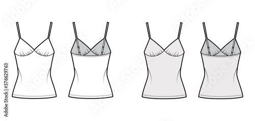 Camisole slip top technical fashion illustration with sweetheart neck, straps, slim fit, elongated hem. Flat outwear tank apparel template front, back, white, grey color. Women, men, unisex CAD mockup