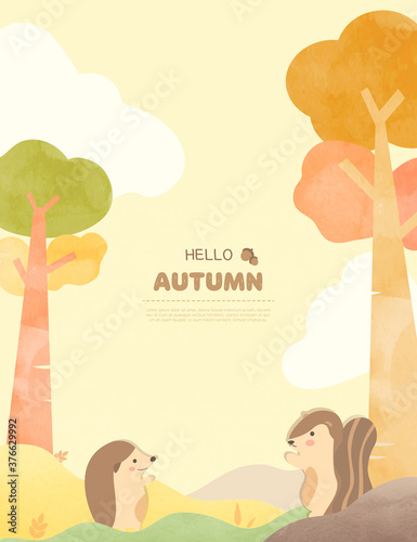 autumn illustration frame : Squirrel and hedgehog