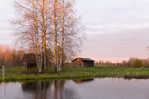 Beautiful autumn or spring landscape at sunset of day. Old wooden houses on shore of a lake under shade of high birches.