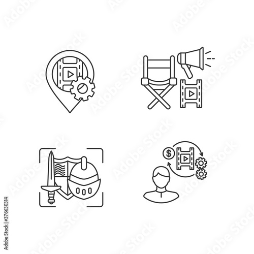 Film production process linear icons set. Location for movie shooting. GPS pointer for navigation. Customizable thin line contour symbols. Isolated vector outline illustrations. Editable stroke