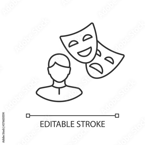 Actor linear icon. Theater performer. Drama professional. Artist with theatrical mask. Thin line customizable illustration. Contour symbol. Vector isolated outline drawing. Editable stroke