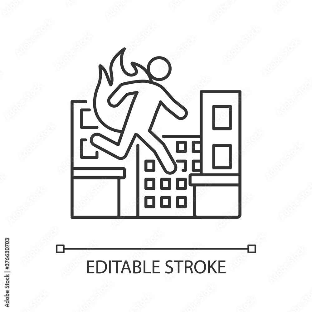 Stuntman linear icon. Cinema actor. Movie performer professional. Person run in disaster. Thin line customizable illustration. Contour symbol. Vector isolated outline drawing. Editable stroke