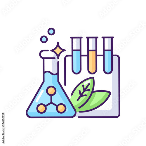 Preservatives RGB color icon. Science research for foodstuff conservation. Chemical substance for food preservation. Flask with liquid. Molecular structure. Isolated vector illustration