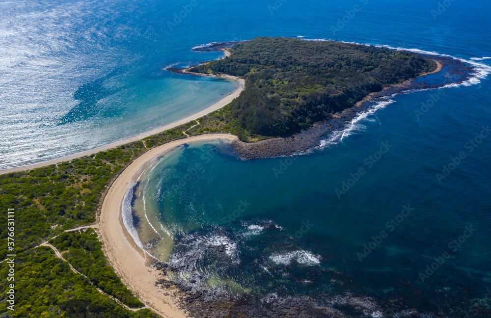 Panoramic aerial view of Broulee Island at Broulee near Batemans Bay on the New South Wales South Coast, Australia 