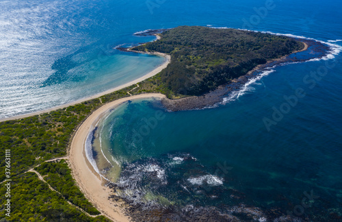 Panoramic aerial view of Broulee Island at Broulee near Batemans Bay on the New South Wales South Coast  Australia 
