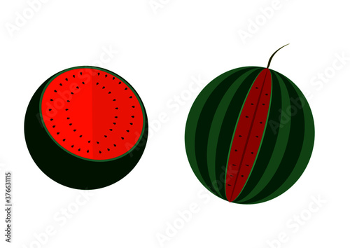 Sliced green watermelon with red pulp and seeds. Harvest watermelon berries. Background image. Website page background. Vector. Agriculture. Poster. Booklet. Place for your text. Showcase.