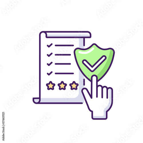 Regulatory compliance RGB color icon. Legal policy. Verification with business document. Approved quality standard. Tick checkmarks. Administration and management. Isolated vector illustration