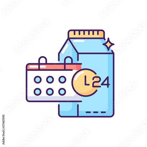 Product dates RGB color icon. Expiration deadline for milk. Grocery food. 24 7 supermarket. Foodstuff to purchase. Healthy eating. Buy dairy for dietary. Isolated vector illustration