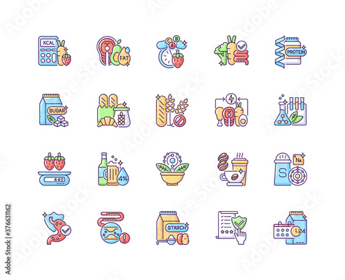 Healthy eating RGB color icons set. Protein supplement. Vitamin in mineral pill. Food group. Dietary ingredients. Calorie control for fitness. Antioxidant and good fats. Isolated vector illustrations