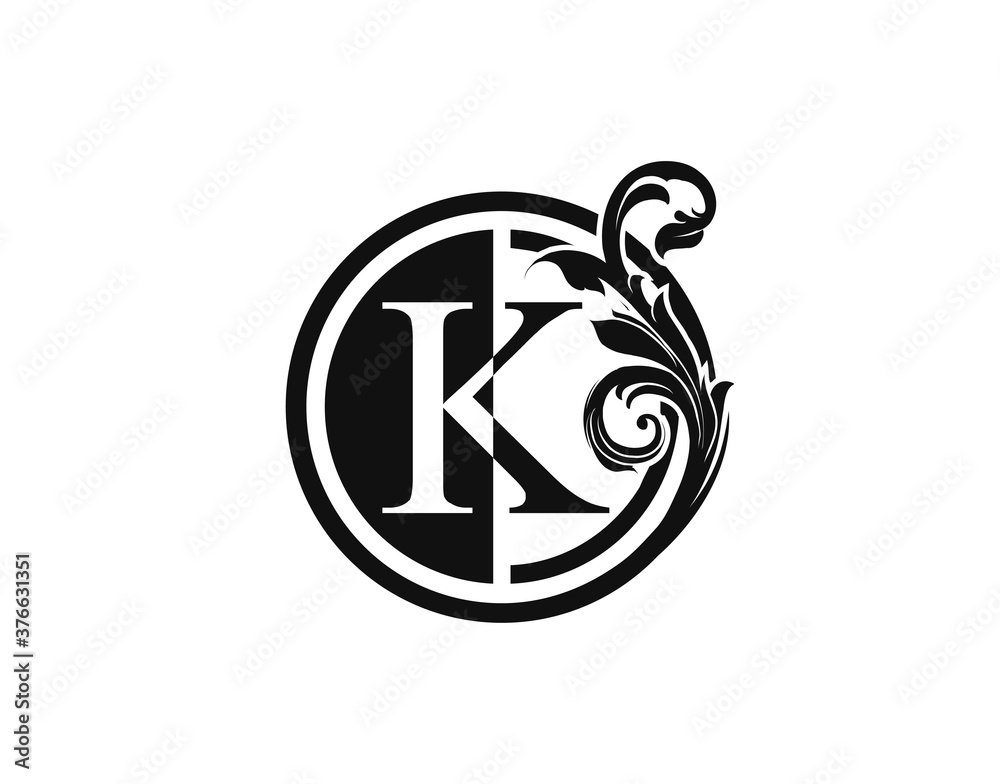 Royal Circle K Letter Floral Logo. Luxury K Swirl Logo Icon. Stock