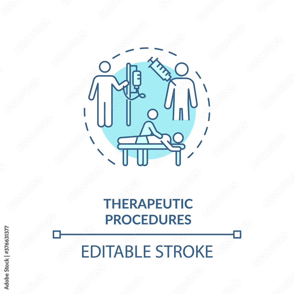 Therapeutic procedures concept icon. Medical aid, diseases treatment idea thin line illustration. Cure injection and physiotherapy. Vector isolated outline RGB color drawing. Editable stroke