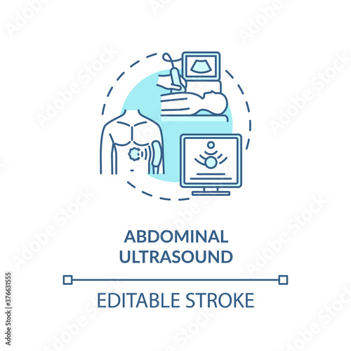 Abdominal ultrasound concept icon. Medical diagnostics procedure, sonography idea thin line illustration. Clinical radiology. Vector isolated outline RGB color drawing. Editable stroke