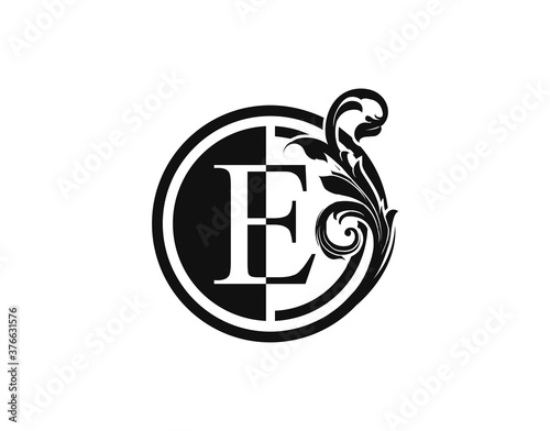 Royal Circle E Letter Floral Logo. Luxury E Swirl Logo Icon.