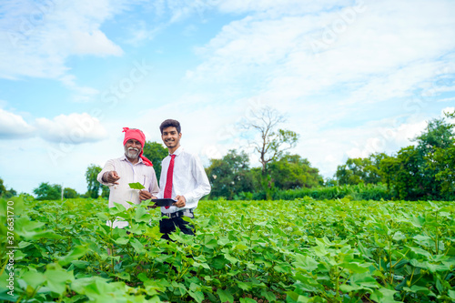 Indian farmer with agronomist at Cotton field   showing some information on tab