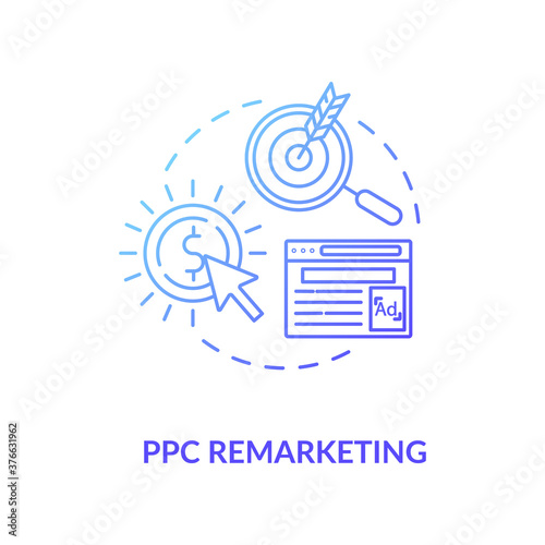 PPC Remarketing concept icon. Banner ads. Search ads campaign idea thin line illustration. Dynamic retargeting. Digital marketing conversation tactic. Vector isolated outline RGB color drawing