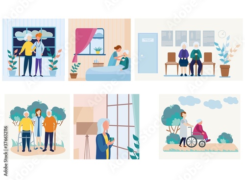 Vector set elderly in hospital. Patient care. A nurse assists  woman in wheelchair. Caring nurses and happy old people.
