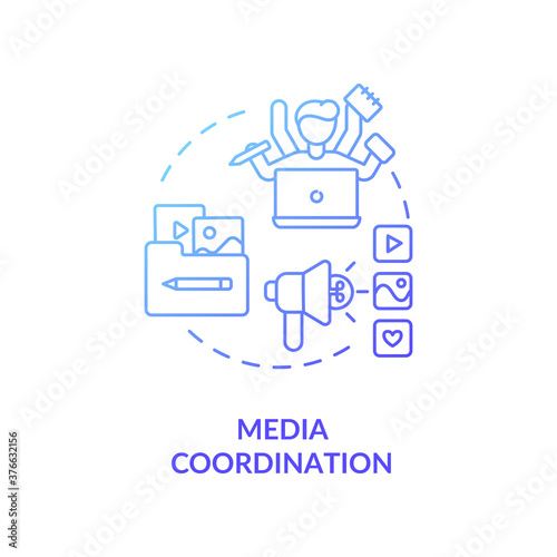 Media coordination concept icon. Social media event coverage idea thin line illustration. Multitasking. Marketing strategy management. Promotional campaign. Vector isolated outline RGB color drawing