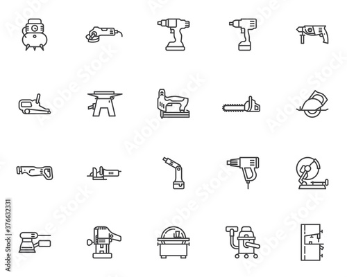 Power tool line icons set. linear style symbols collection, outline signs pack. Electric tool vector graphics. Set includes icons as drill press, screwdriver, woodworking sander, carpentry saw machine