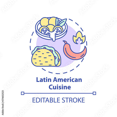 Latin American cuisine concept icon. Traditional meals. National menu with spicy ingredients. Variety of dishes idea thin line illustration. Vector isolated outline RGB color drawing. Editable stroke