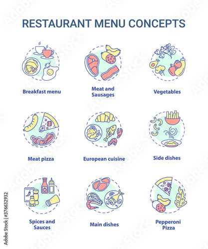 Restaurant menu concept icons set. Large variety of different food to choose. Full course meals. Ingredients idea thin line RGB color illustrations. Vector isolated outline drawings. Editable stroke
