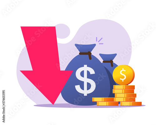 Loss money revenue vector icon, economic recession gold market cash fall, financial cost expenses flat, concept of stocks crisis, lack of budget, investment bad decrease down income symbol modern