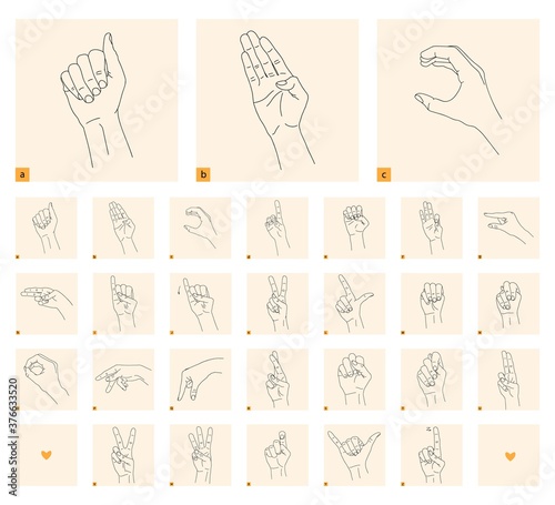 A set of isolated gestures for the deaf and dumb. Black linear drawing on a light background. Black and white drawing of a hand. Deaf and dumb language. Stock vector illustration. Cards to study photo