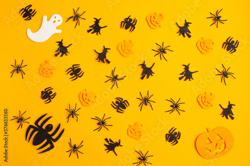 Halloween pattern with black spiders, crazy pumpkins and ghost