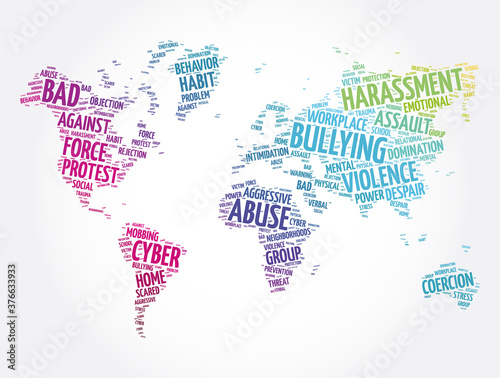 Bullying word cloud in shape of world map  concept background