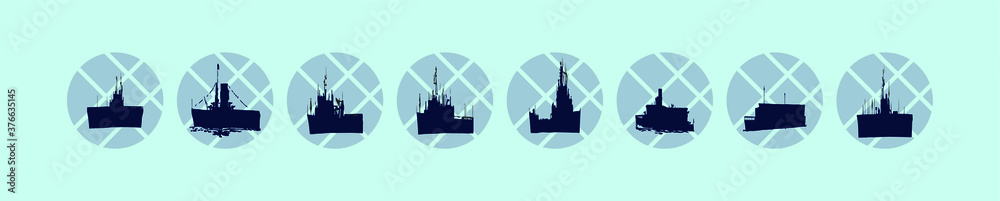 set of warships cartoon icon design template with various models. vector illustration
