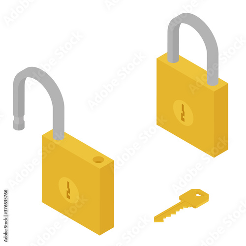 Golden locked unlocked padlock and key isometric view isolated on white background.