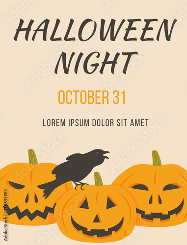 Poster of Halloween party with scary pumpkins and sitting rowen vector illustration. Placard or invitation of All saints day with crow and orange horror pumpkin faces. Autumn holiday advertising.