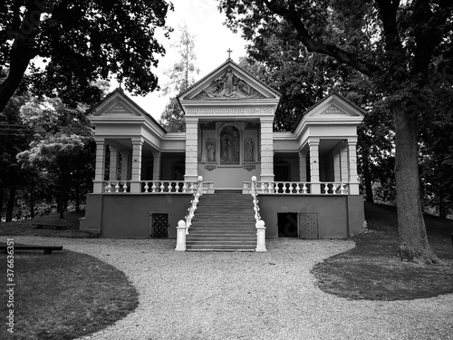 Catholic church in Koden. Artistic look in black and white. photo