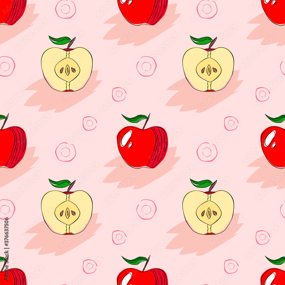 Seamless pattern with hand drawn apple and a half of it with pink background. Good endless print. Seamless pattern with hand drawn apple and a half of it with pink background. Good endless print.
