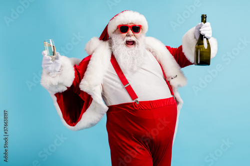 Photography Photo of retired old man grey beard funky hold bottle full glass golden wine dri