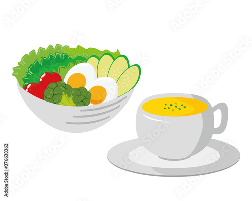 野菜サラダとスープのベクターイラスト　