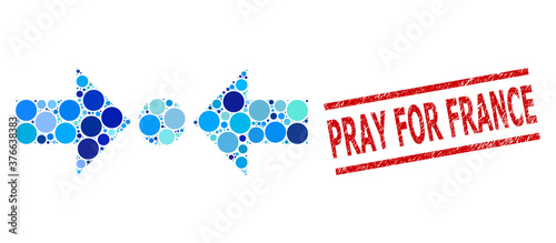 Round dot mosaic pressure horizontal and PRAY FOR FRANCE unclean stamp seal. Stamp seal includes PRAY FOR FRANCE text between parallel lines. Vector mosaic is based on pressure horizontal symbol,