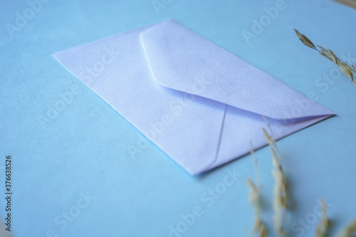 white envelope with dried grass for greeting mockup seasonal concepts on blue background