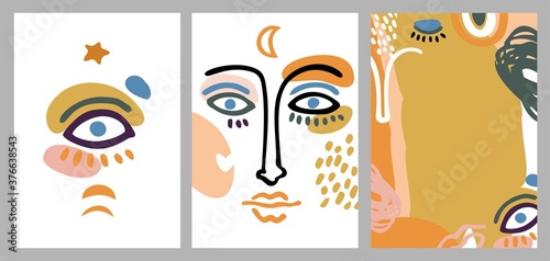 Set with faces, lips, noses, eyebrows drawn in a line with abstract spots, shapes in a trendy style. Banners template for advertising, social media, cosmetics and makeup covers. Vector illustration.