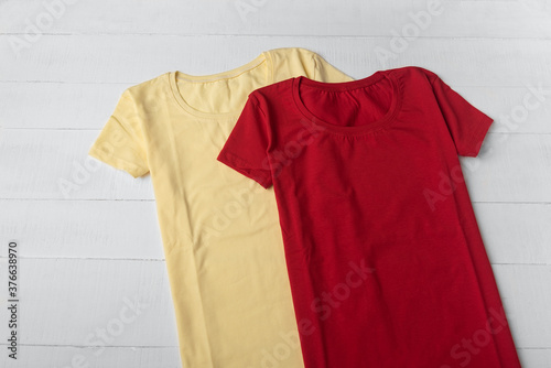 Red and yellow cotton t-shirt unisex. Cotton blank t-shirt. Mockup