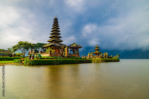 Pura Ulun Danu Bratan temple. Balinese landmark. Water reflection. Slow shutter speed. Bratan lake  Bali  Indonesia