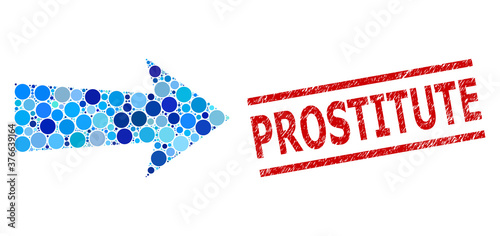Circle collage arrow right and PROSTITUTE dirty stamp seal. Stamp seal includes PROSTITUTE caption between parallel lines. Vector collage is based on arrow right icon,