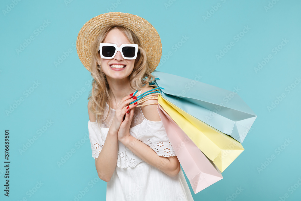 Smiling young blonde woman 20s wearing white summer dress hat ...