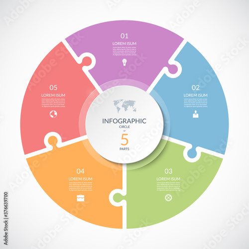Vector infographic puzzle circular template. Cycle diagram with 5 parts, options. Can be used for chart, graph, report, presentation, web design.